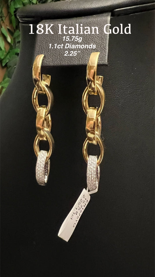 18K Yellow Gold, Premium Italian Earrings with Diamond Links